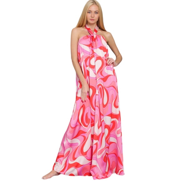 62. Women’s Coral/Pink Print Halter Backless Maxi Dress NWT - Picture 1 of 2